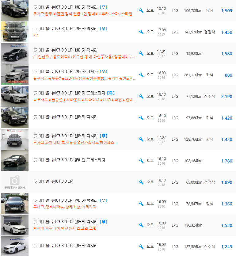 올 뉴 K7 3.0 LPI 등급 중고차 시세 : 799만원 ~ 2,190만원