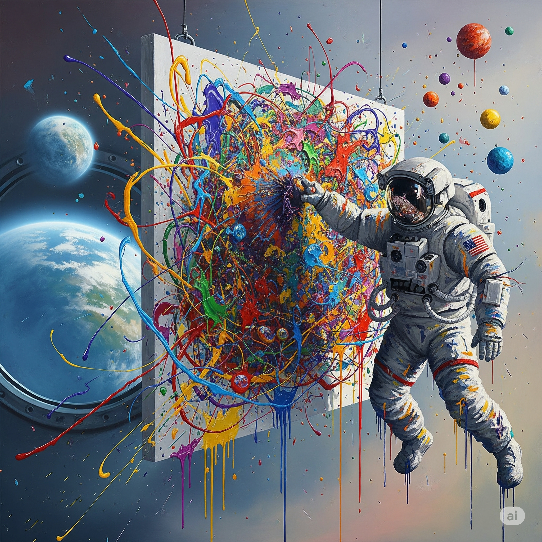 우주 비행사가 무중력 상태에서 캔버스에 물방울과 물감을 흩뿌리는 모습을 추상적으로 표현한 그림. 다채로운 색상의 물방울들이 둥둥 떠다니고, 배경에는 창밖으로 보이는 푸른 지구가 희미하게 비친다