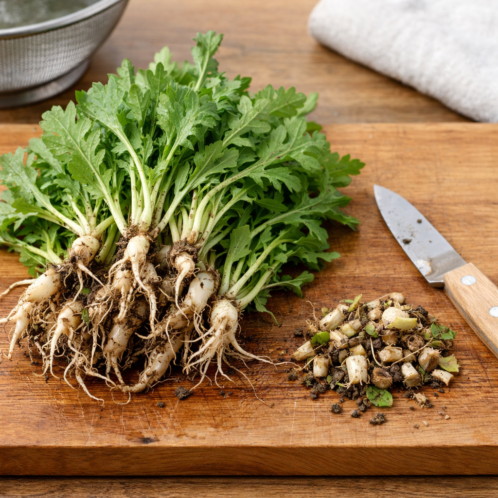 흙이 묻은 상태의 손질 전 냉이 모습