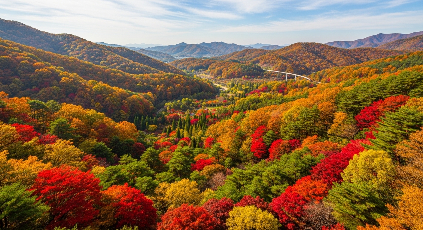 2025년 가을 단풍이 절정에 이른 화담숲의 전경. 붉고 노란 단풍이 어우러져 장관을 이루는 풍경을 공중에서 바라본 모습.