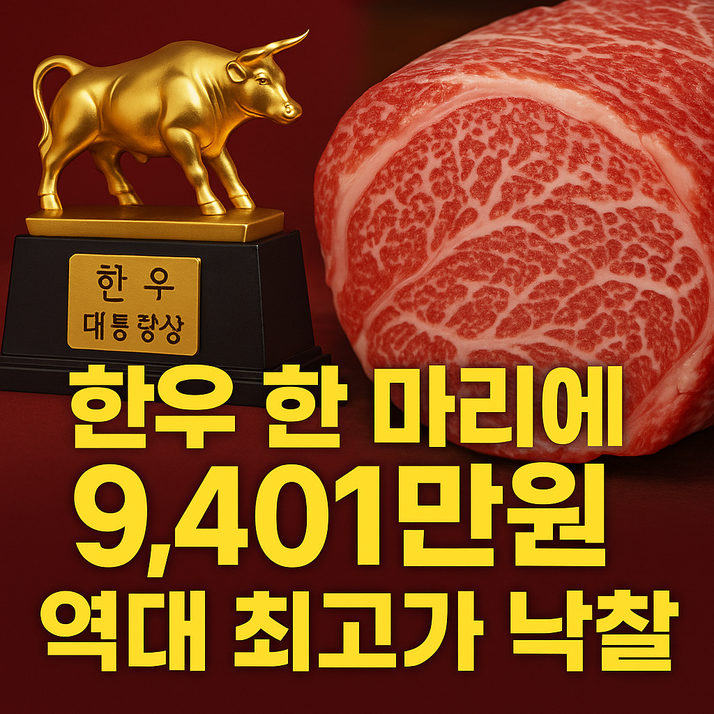 대통령상 트로피와 마블링이 선명한 한우 고기 사진 위에 ‘한우 한 마리에 9,401만원 역대 최고가 낙찰’이라는 문구가 강조된 썸네일 이미지