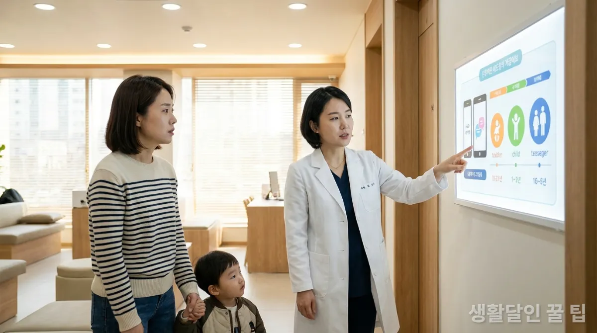 한국인 소아과 의사가 스마트폰 사용 권장 연령을 설명하는 모습
