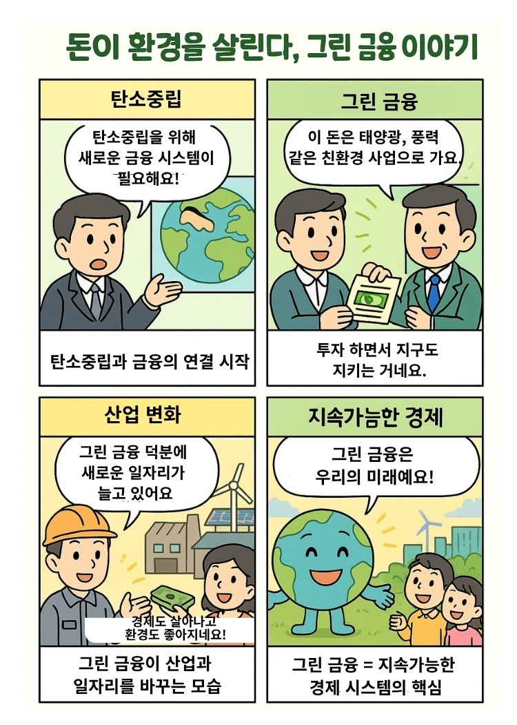 돈이 환경을 살린다, 그린 금융 이야기를 설명하는 직사각형 4컷 교육 만화