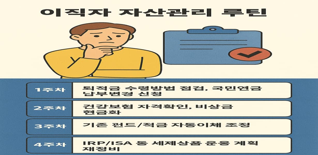 이직자가 4주간 점검해야 할 자산관리 루틴을 정리한 인포그래픽