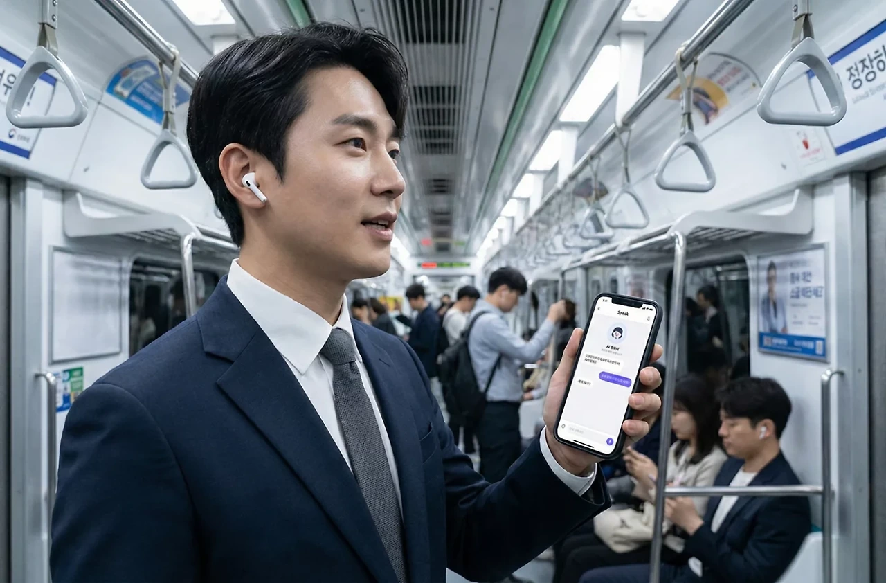 "출퇴근길 지하철에서 이어폰 끼고 있는 모습"
