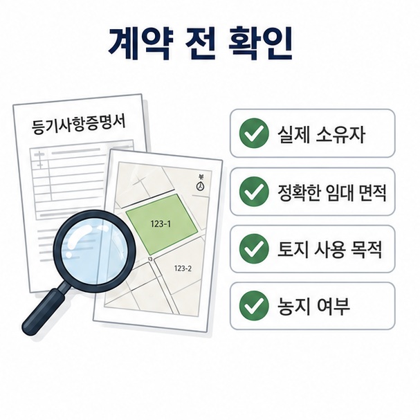 토지 임대차 계약 전에 등기사항증명서와 도면으로 소유자, 임대 면적, 사용 목적, 농지 여부를 확인하는 모습을 정리한 이미지