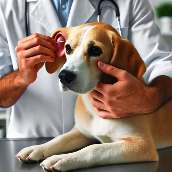 수의사가 보호자에게 강아지 귀청소 방법을 설명하며 진료대 위 강아지를 진정시키는 모습