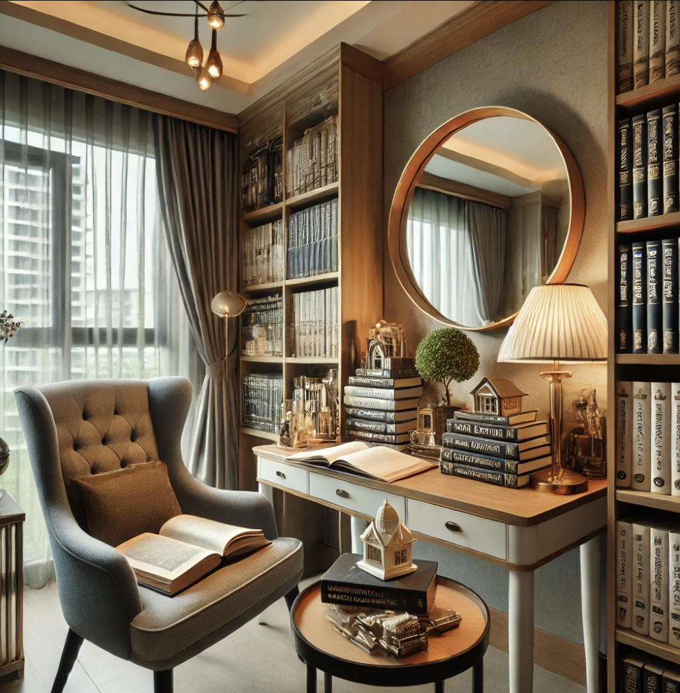 부동산 투자 학습을 위한 모던한 아파트의 아늑한 독서 공간. 