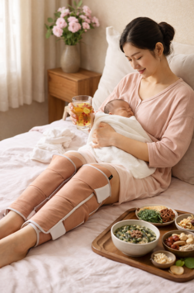 산후 회복 중인 엄마가 아기를 안고 따뜻한 차와 건강한 식단을 즐기는 모습, 붓기 완화와 회복을 위한 식사 장면