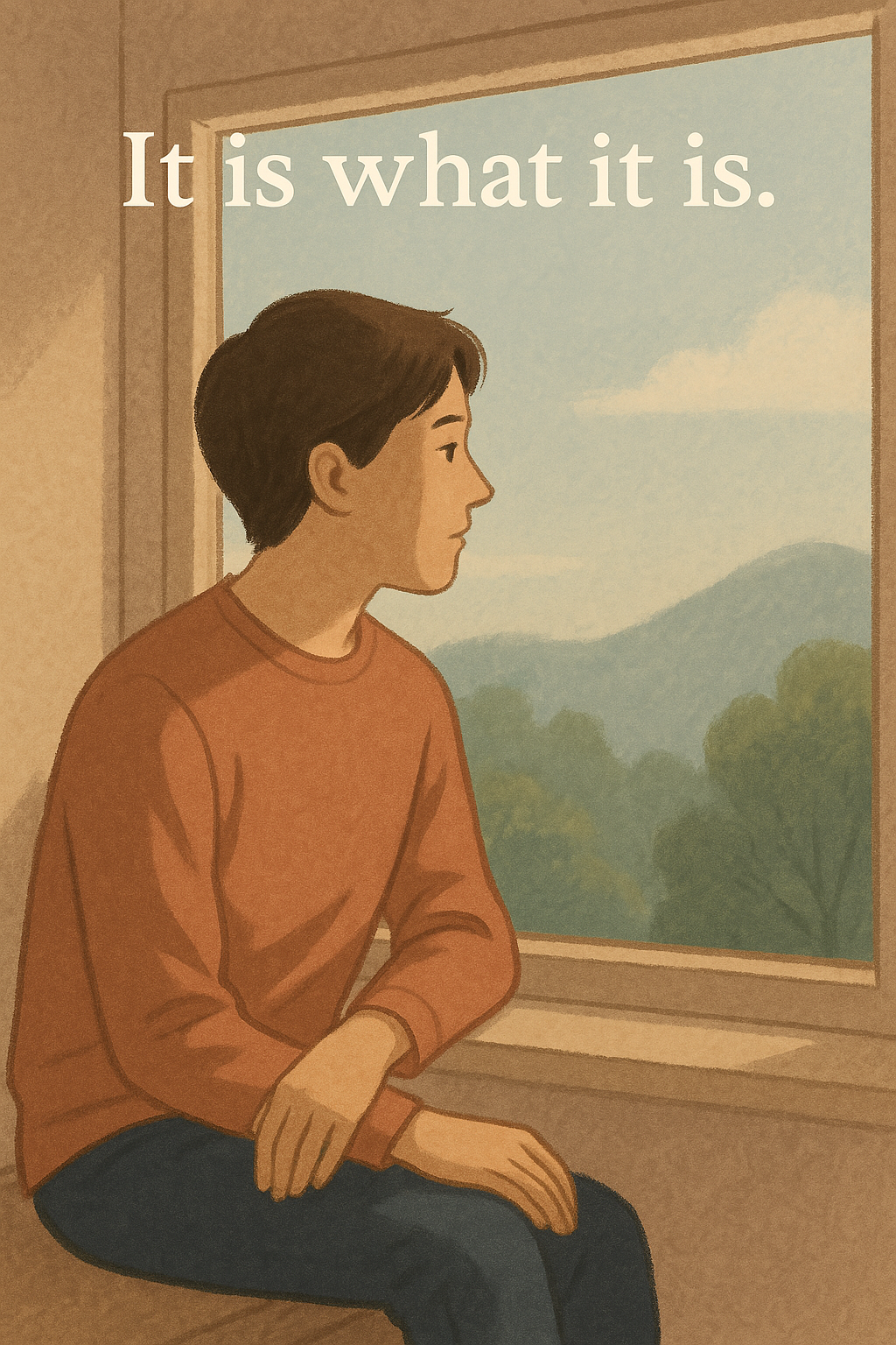 창문 옆에 앉아 조용히 바깥 풍경을 바라보는 젊은 남성이 'It is what it is.'라는 문구 아래 생각에 잠긴 모습으로 그려진 감성 일러스트. 부드러운 색감과 잔잔한 분위기가 현실을 받아들이는 마음을 표현한다
