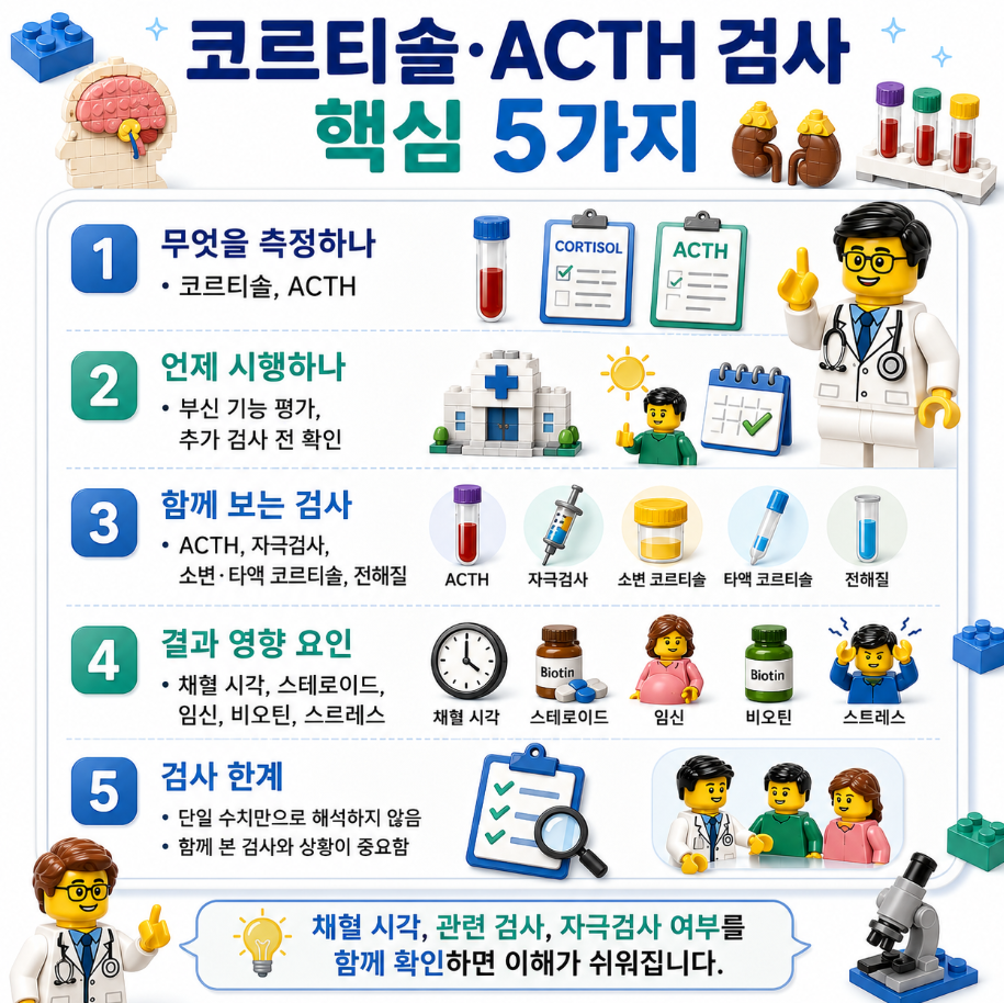 코르티솔·ACTH 검사 핵심 5가지를 요약한 레고 스타일 의료 인포그래픽