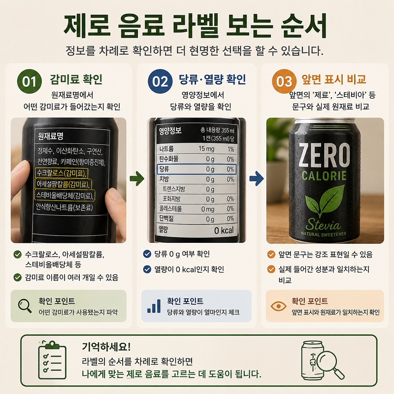 제로 음료 라벨에서 감미료와 당류 열량을 차례로 확인하는 모습