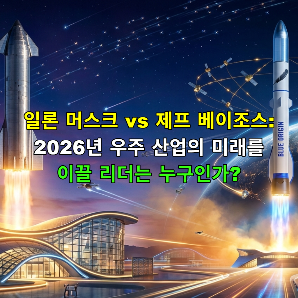 일론 머스크의 스페이스X와 제프 베이조스의 블루 오리진이 우주에서 경쟁하는 모습