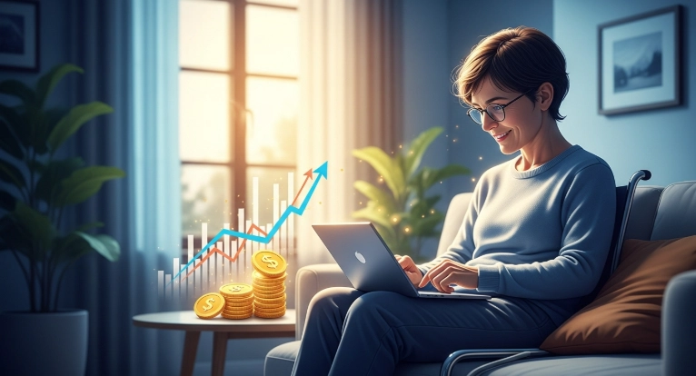 밝고 현대적인 거실에서 태블릿을 보며 미소 짓는 장애인. 상승하는 그래프와 동전이 보이는 화면은 2026년 장애인 연금 인상과 안정된 재정 지원을 상징하며, 희망과 편안함을 표현합니다.