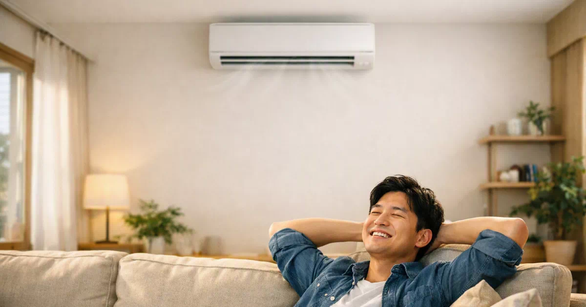 에어컨 냄새 제거 후 상쾌하고 깨끗한 바람을 맞으며 거실 소파에서 행복하게 웃고 있는 한국인 남성의 모습