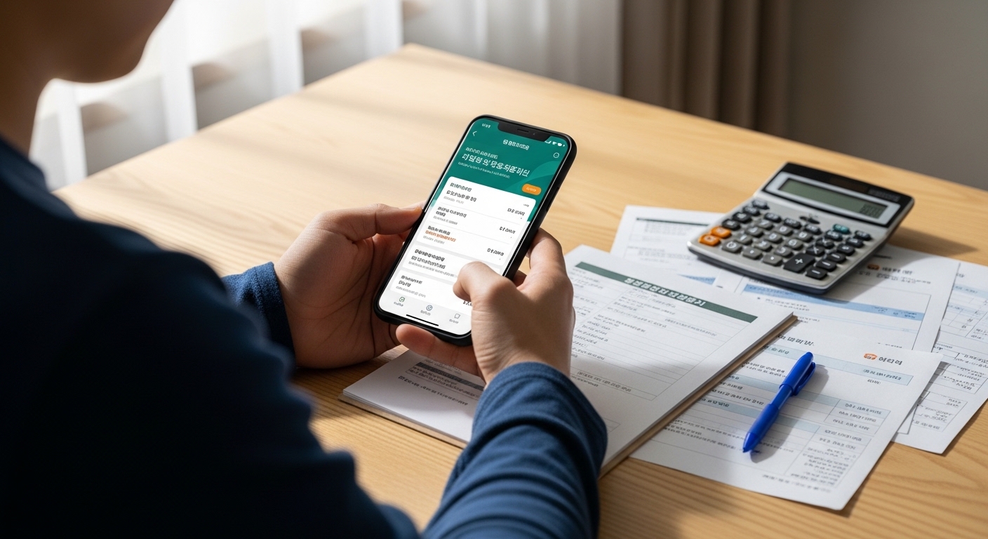 휴대폰으로 환급금을 검색해조고 있는 모습