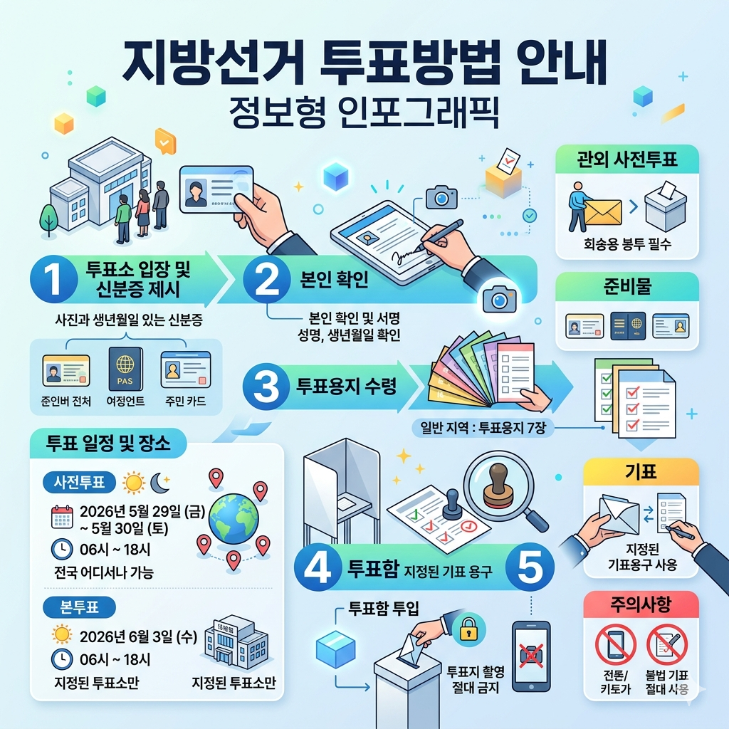 지방선거 투표방법 사전투표·본투표 절차와 준비물 안내 인포그래픽