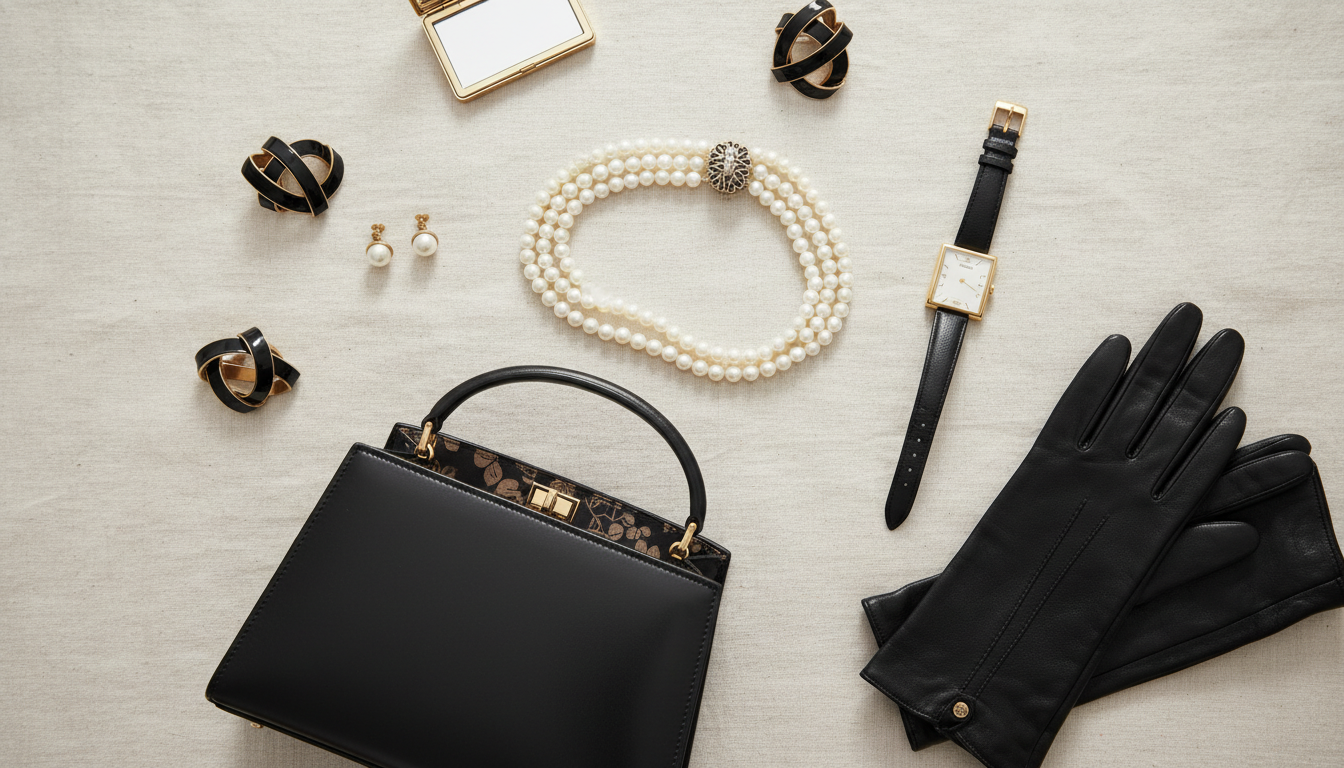 모나미룩에 어울리는 고급스러운 진주 목걸이, 귀걸이, 금색 시계, 검정 가죽 핸드백 액세서리 세트