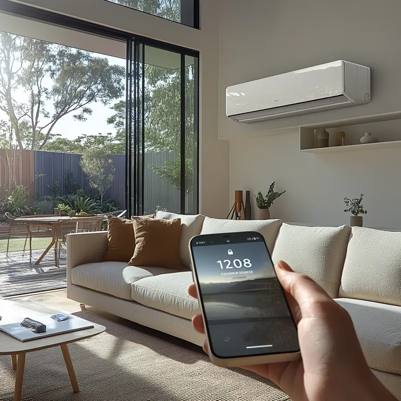 가정에서 스마트폰 앱을 통해 에어컨을 원격 제어하여 편리함을 제공합니다. 최신 기술과 현대적 디자인이 조화를 이룹니다.