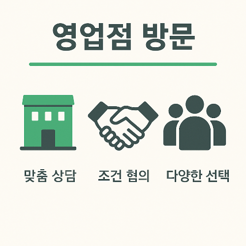 기업은행 대출 신청 시 영업점 방문을 통한 맞춤 상담, 조건 협의, 다양한 선택이 가능함을 알려주는 직관적인 인포그래픽 이미지