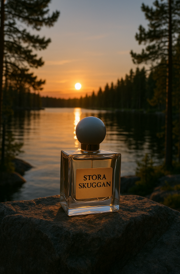 북유럽 숲 배경의 호수가에 스토라 스쿠간 향수 병이 놓여있는 이미지