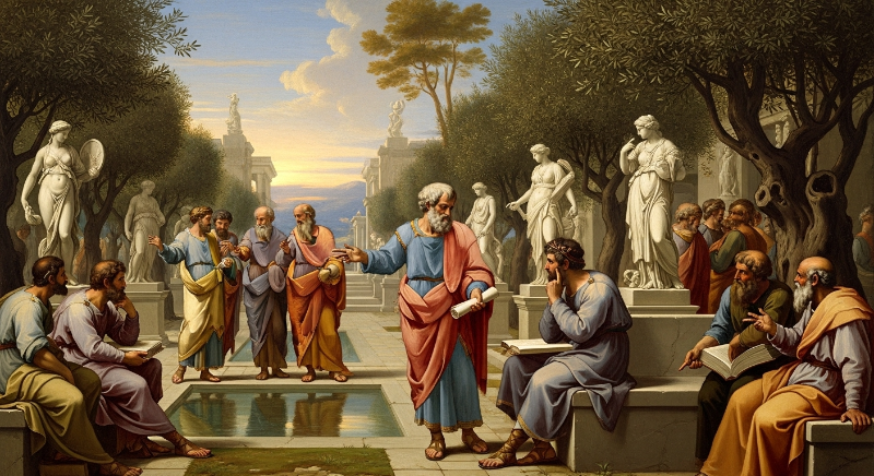 고대 그리스 철학자들이 삶의 목적에 대해 토론하는 모습.