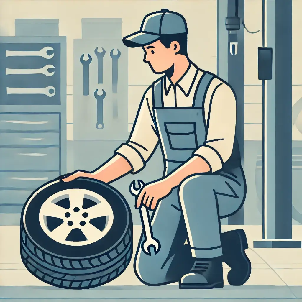 타이어를 점검하는 정비사가 작업 중인 모습.