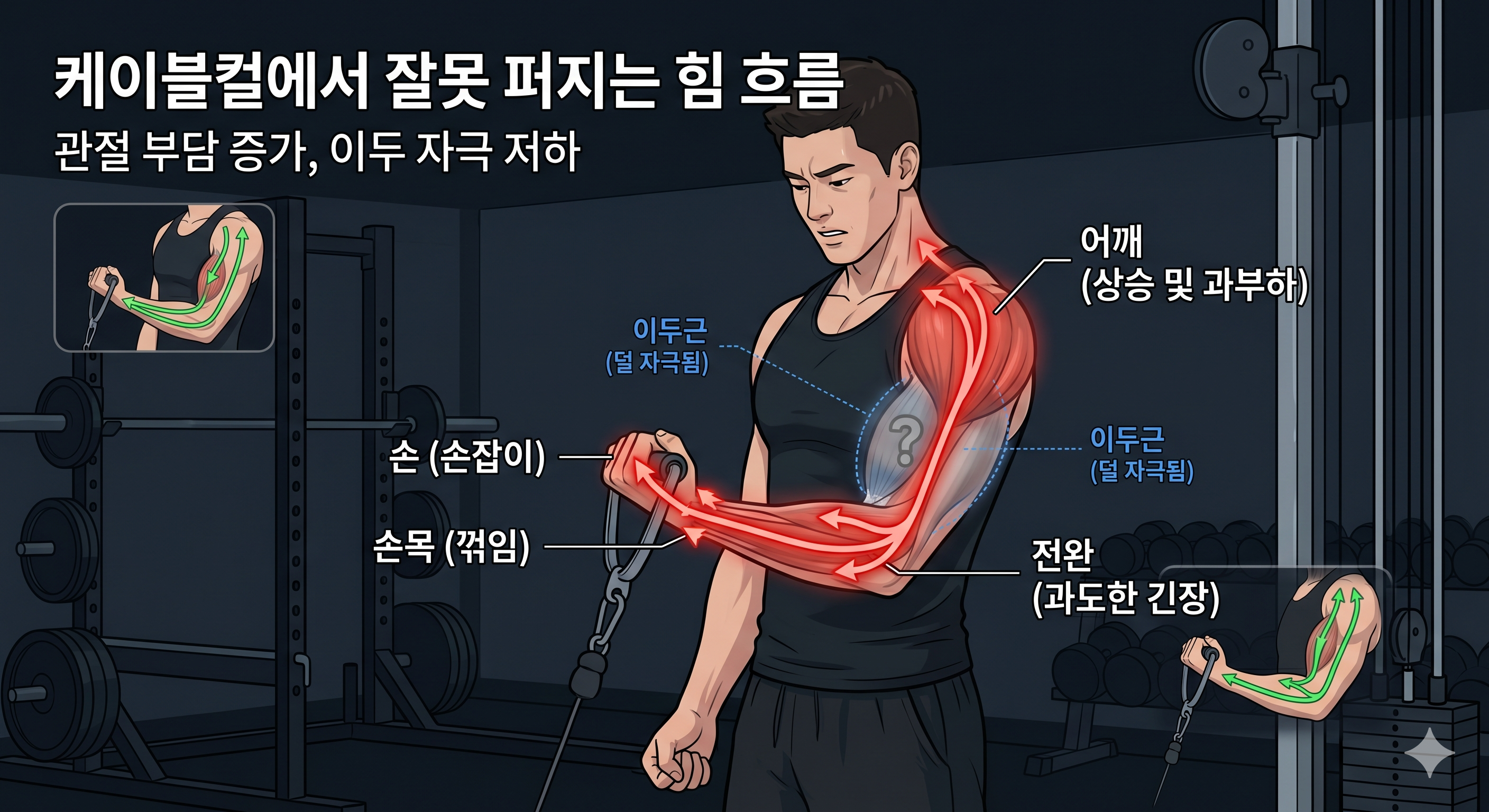 케이블컬에서 잘못 퍼지는 힘 흐름