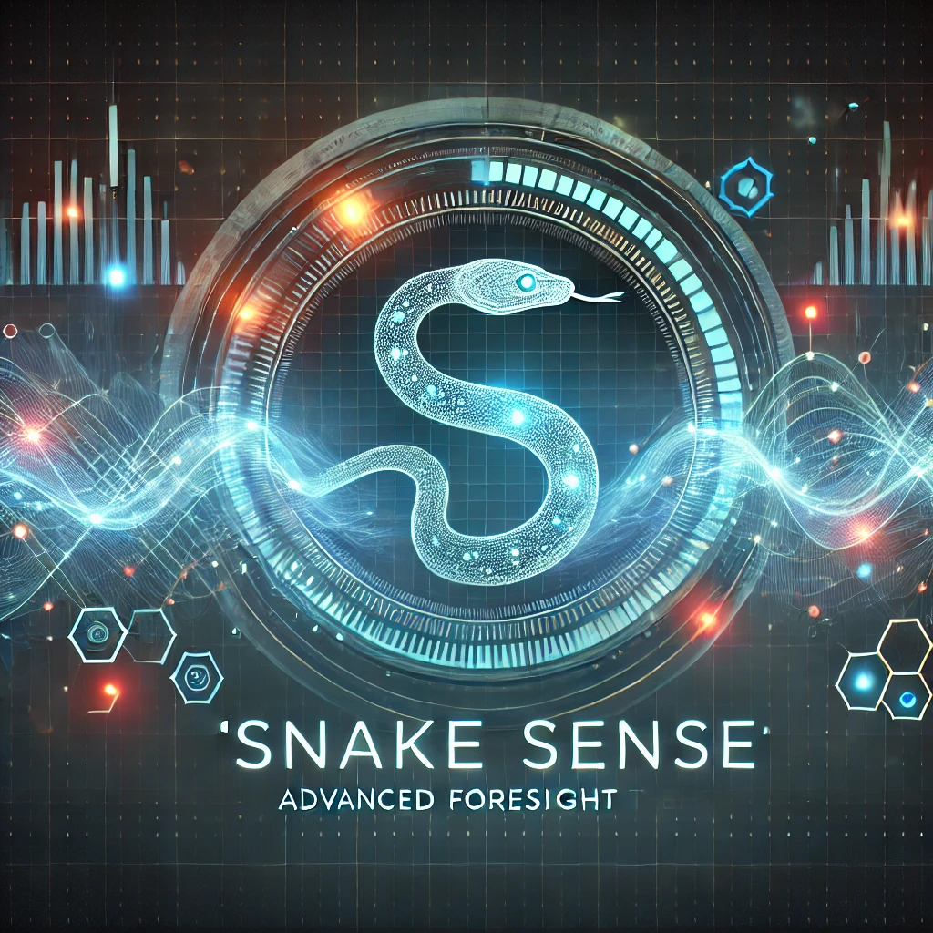 미래 감지 능력을 상징하는 'SNAKE SENSE'의 디지털 인터페이스, 빛나는 데이터 흐름과 예측 차트, 뱀의 패턴이 디지털 파동에 내재된 모습