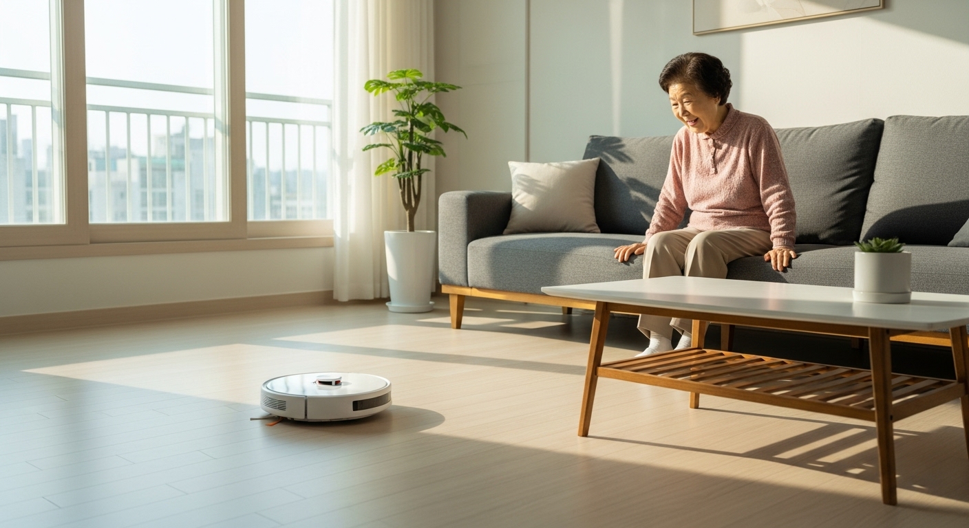 거실을 청소하는 로봇 청소기와 소파에 앉아 지켜보는 시니어