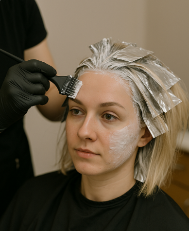 탈색을 받는 여성 사진