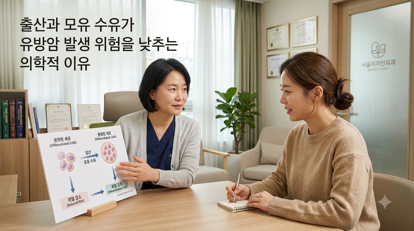 햇살이 은은하게 비치는 아늑하고 신뢰감 주는 유방외과 진료실에서 전문의와 어머니가 밝고 차분한 표정으로 출산과 모유 수유가 유방 세포의 성숙을 돕고 유방암 발생 위험을 낮추는 의학적 생리 원리가 담긴 안내 차트를 함께 보며 이야기 나누고 있는 모습. '출산과 모유 수유가 유방암 발생 위험을 낮추는 의학적 이유'라는 문구가 적혀 있어, 임신과 수유가 주는 유방암 예방 보호 효과의 중요성을 시각화함.