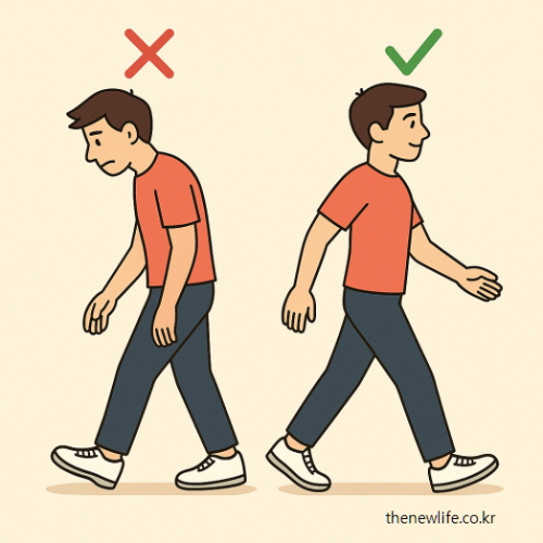 "A side-by-side comparison of incorrect and correct walking posture &ndash; hunched figure with an X and upright figure with a check mark."-"잘못된 걷기 자세와 올바른 걷기 자세를 비교한 이미지 &ndash; 등이 굽은 자세(X)와 바른 자세(✔)의 나란한 일러스트"
