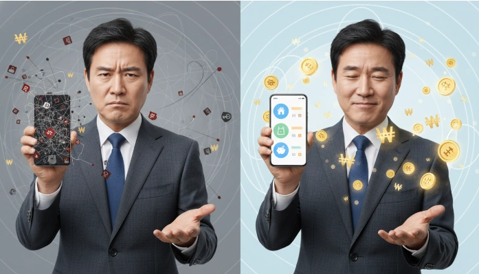 복잡한 통신비 청구서를 보며 혼란스러워하는 한국 남성이 깔끔하게 정리된 결제 내역을 확인하며 안도하는 모습