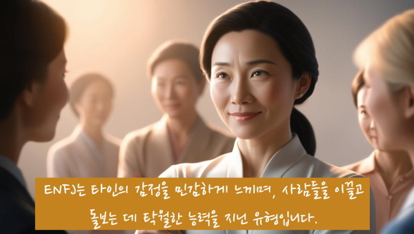 ENFJ는 타인의 감정을 민감하게 느끼며, 사람들을 이끌고 돌보는 데 탁월한 능력을 지닌 유형입니다에 관한 그림