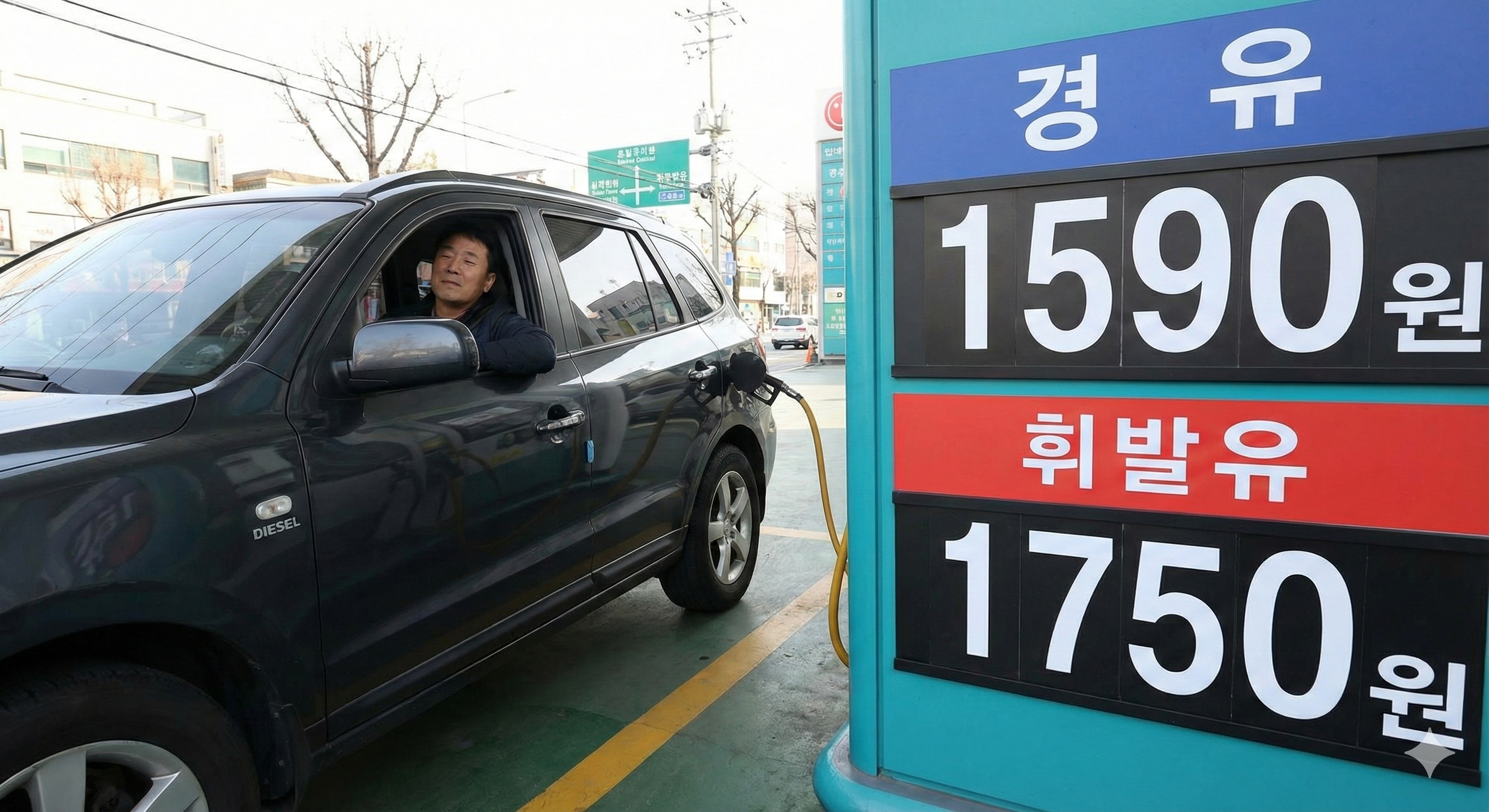 경유 가격이 휘발유보다 저렴해진 주유소에서 주유하는 디젤 차량