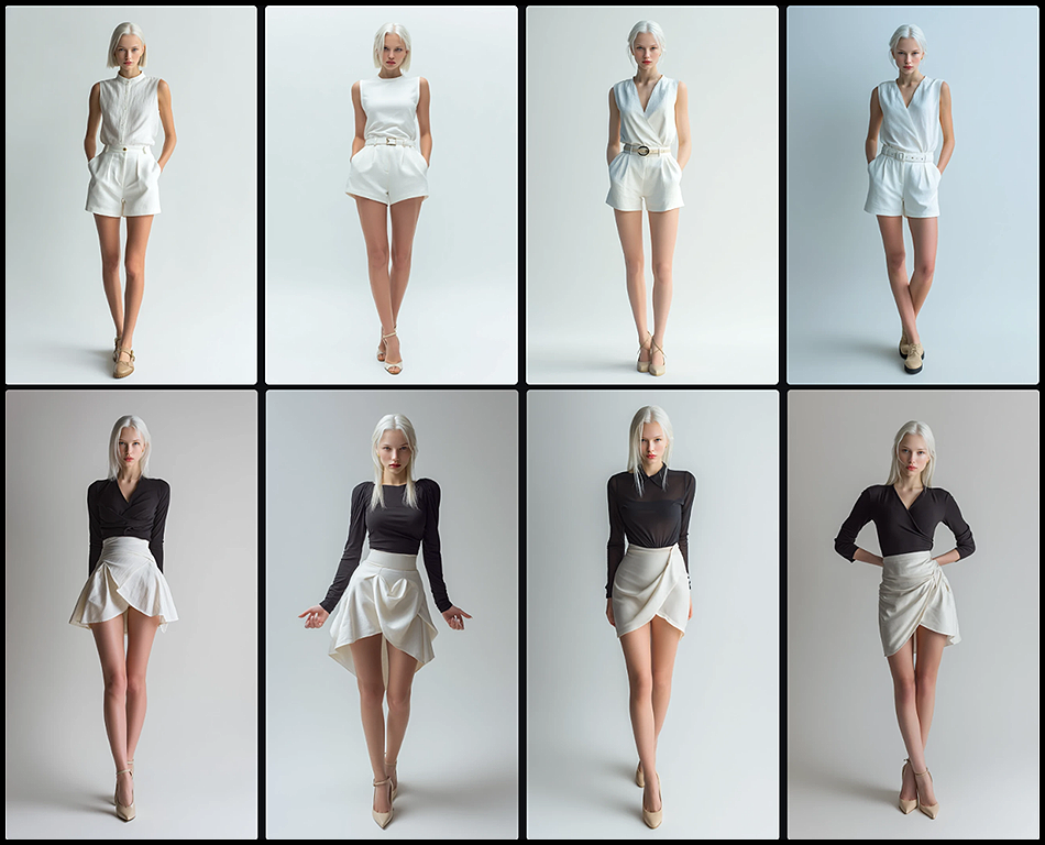 OREF 활용, slim + elegant frame 체형 키워드를 사용하여 다양한 포즈로 연출된 러시아 여성 모델 전신 이미지 시리즈_Midjourney