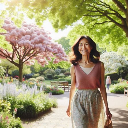 아침해를 받으며 산책하는 여성