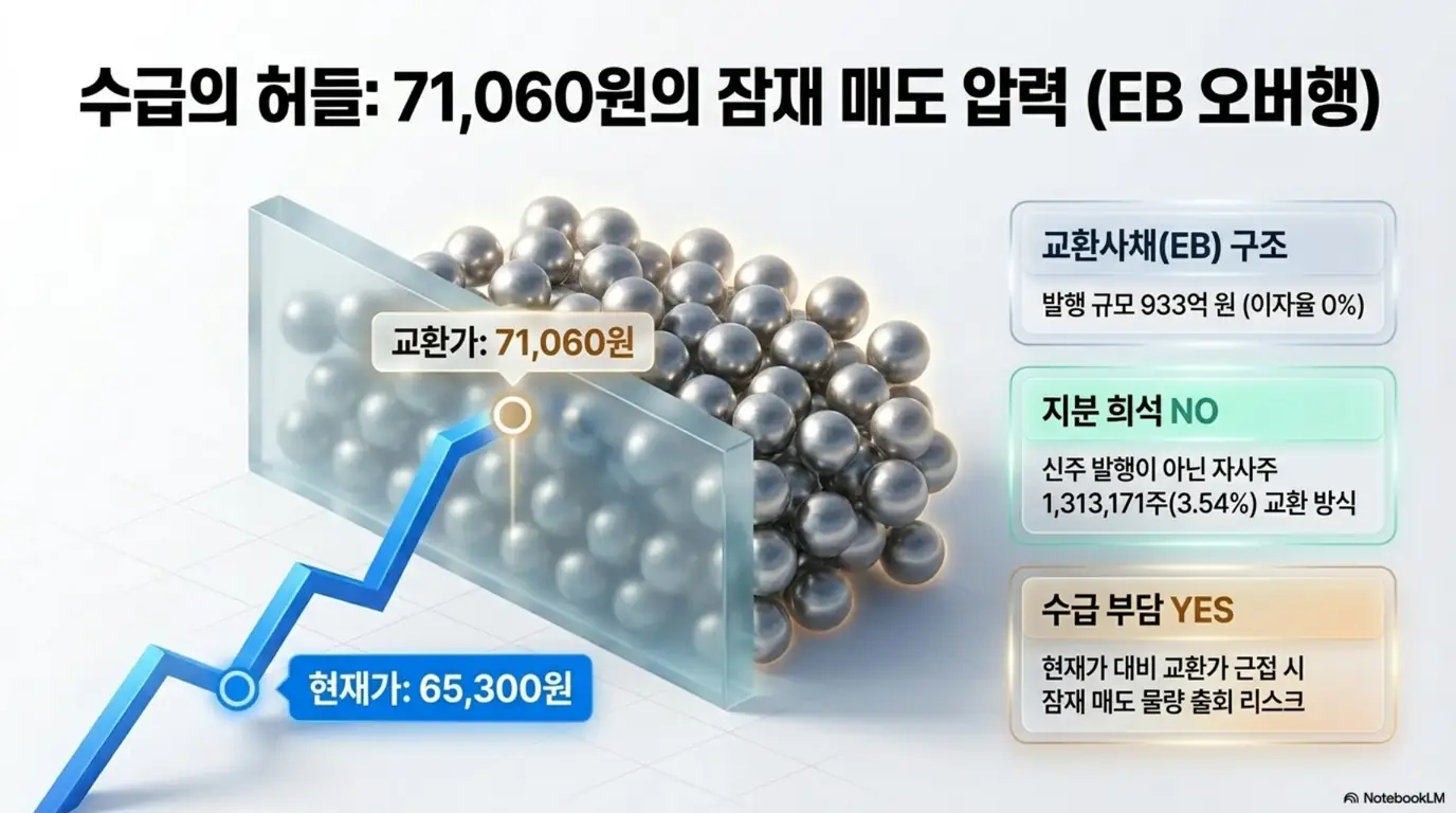 테크윙 주가 전망: 테크윙 교환사채 오버행과 수급 부담을 정리한 이미지. 발행 규모 933억 원&middot;이자율 0%&amp;#44; 자사주 1&amp;#44;313&amp;#44;171주(3.54%) 교환 방식으로 지분 희석은 없으나 교환가 71&amp;#44;060원 근접 시 잠재 매도 물량 출회 가능성을 시각적으로 전달하며&amp;#44; 테크윙 교환사채 주제를 설명함