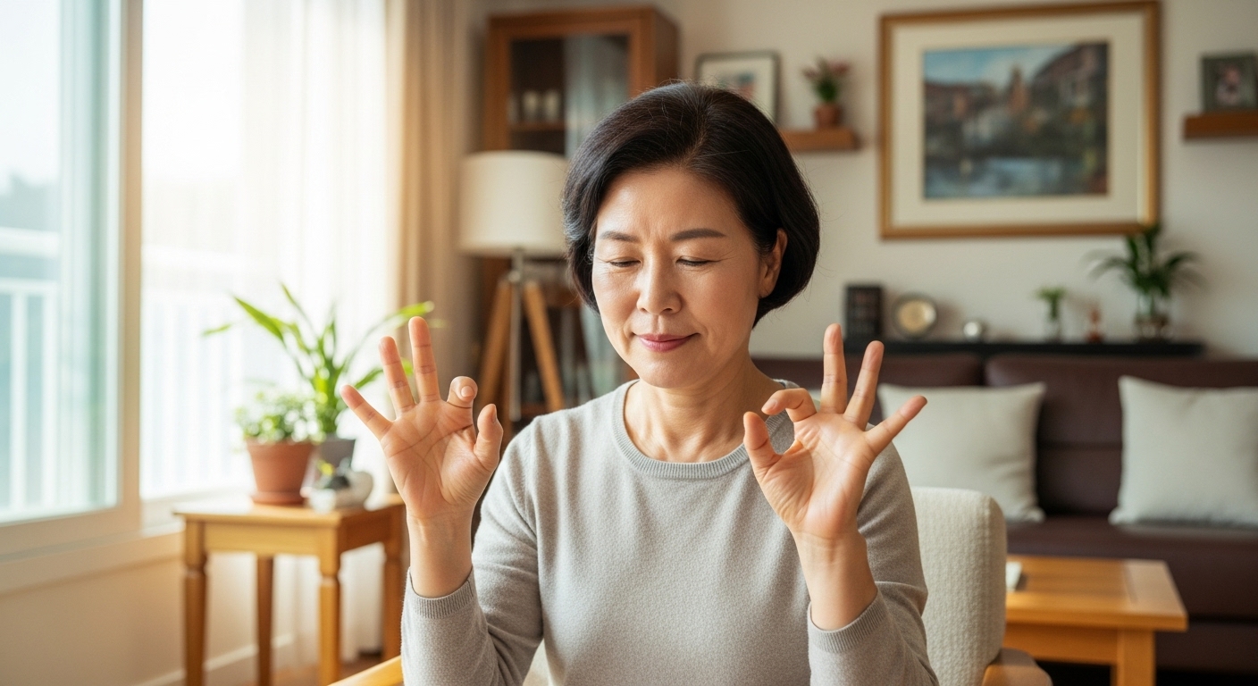 치매 예방을 위해 집에서 손가락 체조를 하는 60대 시니어