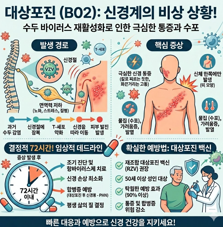 대상포진(B02) 발생 경로, 주요 증상, 72시간 치료 골든타임과 백신 예방을 설명하는 인포그래픽