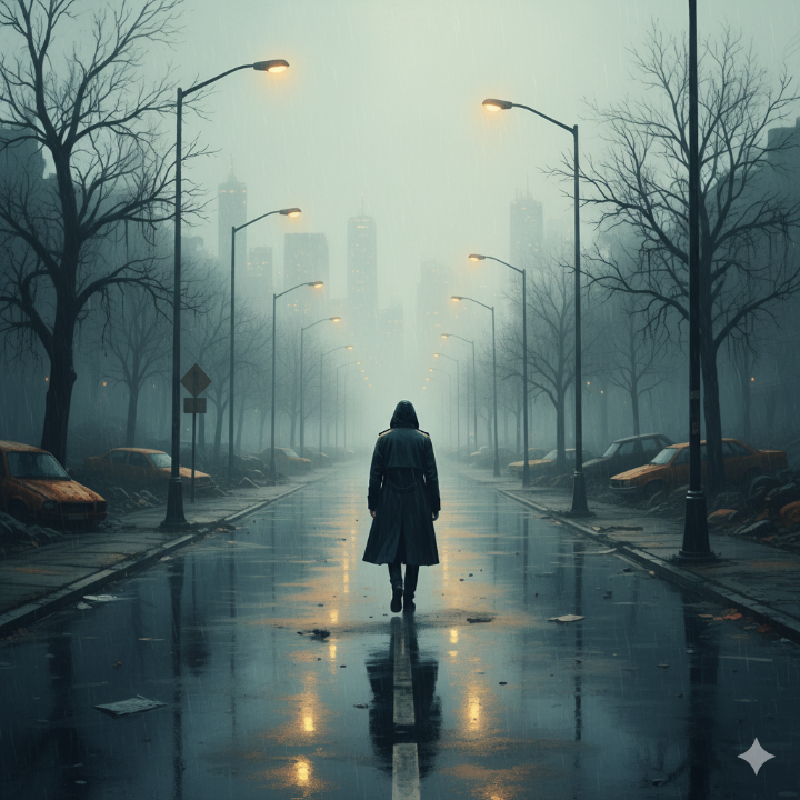 비에 젖은 황량한 도로 위를 홀로 걷는 사람의 뒷모습, 쓸쓸하고 몽환적인 분위기