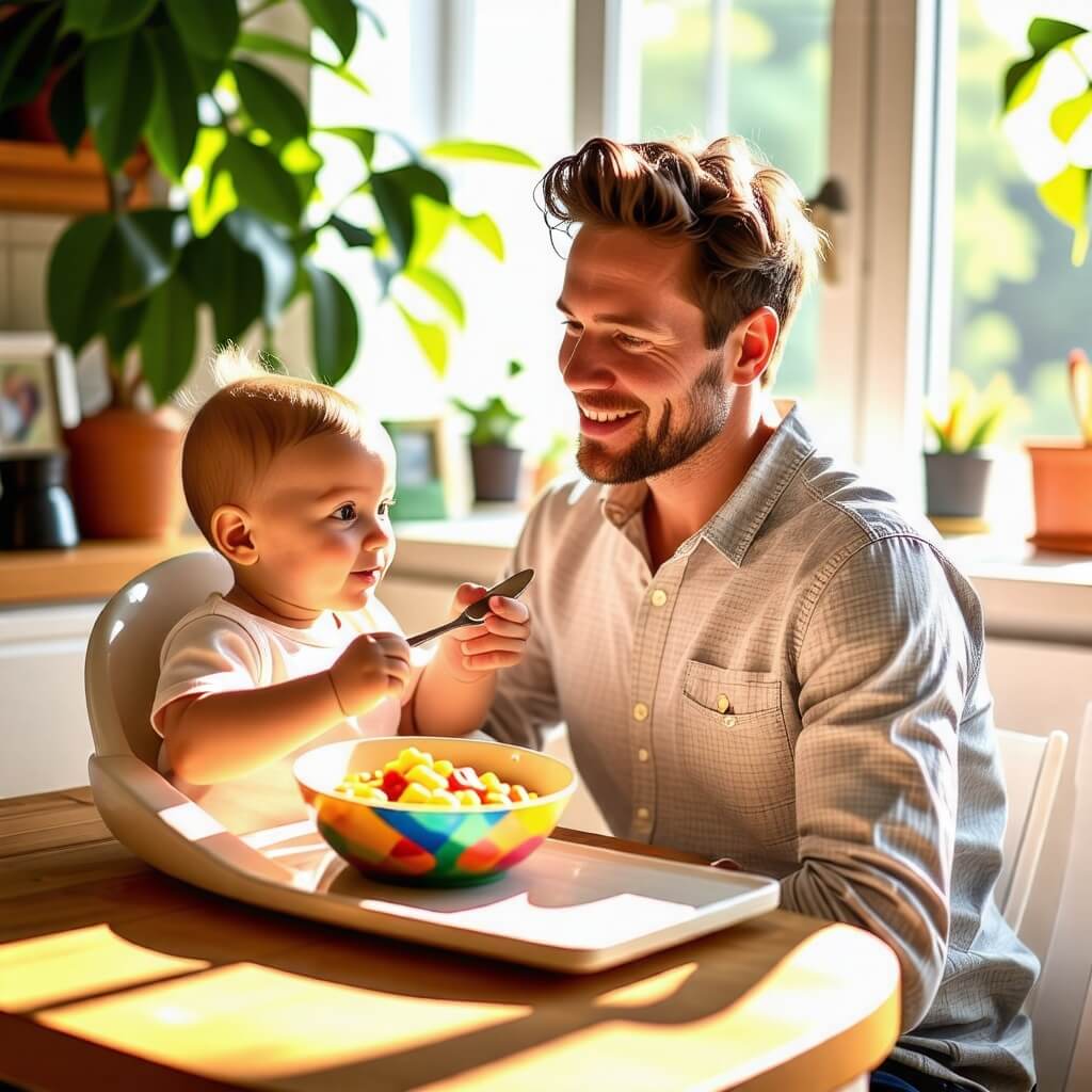 수저를잡고있는-아이-흐뭇하게보는-아빠