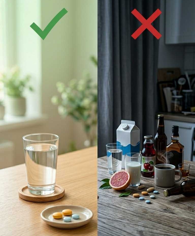 약 복용은 물과 하는 것이 좋음을 보여주는 이미지와 함께 복용할 경우 약효와 몸에 영향을 줄 수 있는 음료와 음식들을 보여주는 이미지