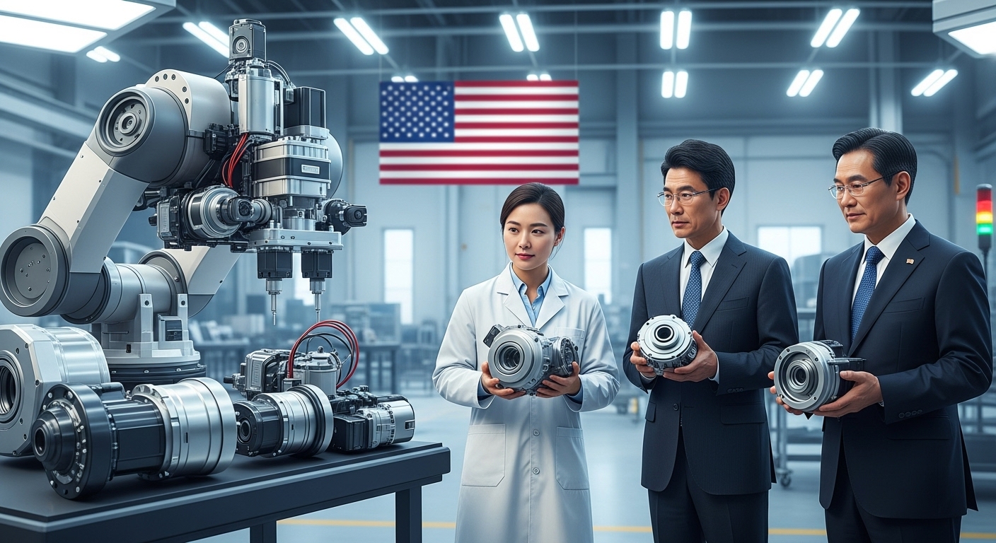 미국 공장에서 한국산 정밀 로봇 부품들이 조립되는 모습, 한미 로봇 기술 협력을 상징합니다.