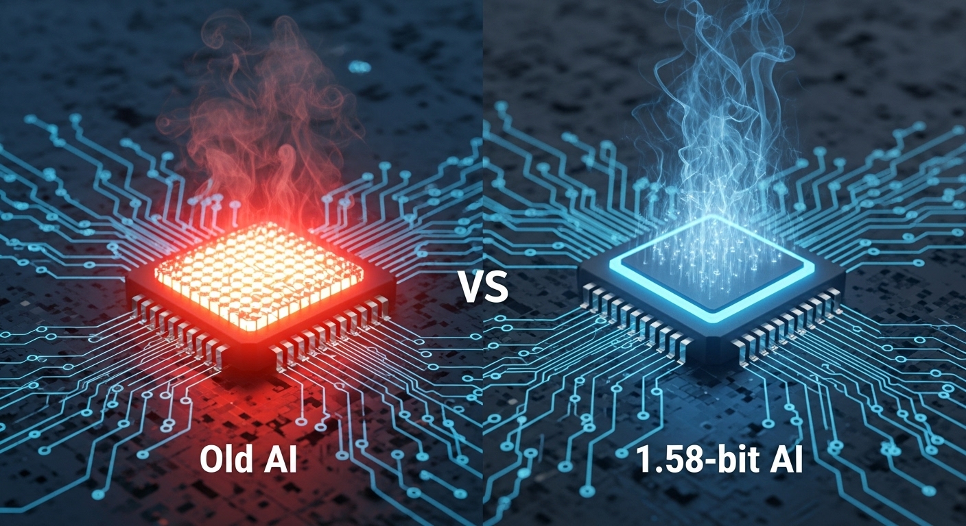 기존의 무거운 AI 칩과 1.58비트 경량화 AI 칩의 효율성 차이를 비교한 다이어그램