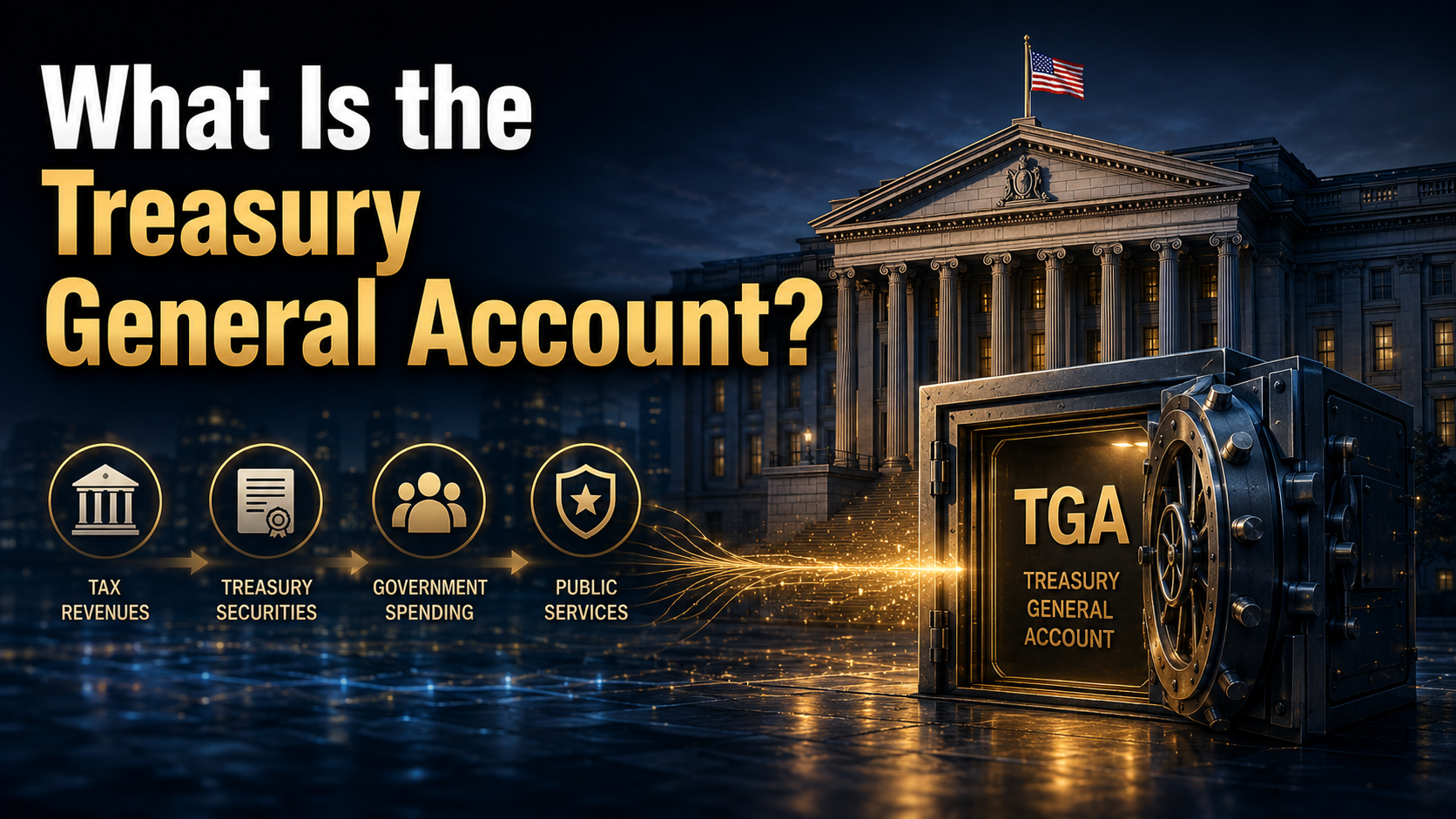 Illustration of the Treasury General Account (TGA) showing the U.S. government's main account and the flow of taxes, Treasury issuance, and government spending.