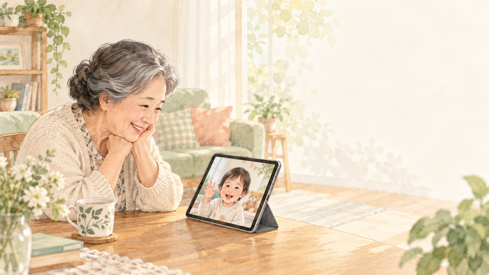 AI 일러스트: 영상통화로 손자를 바라보는 할머니