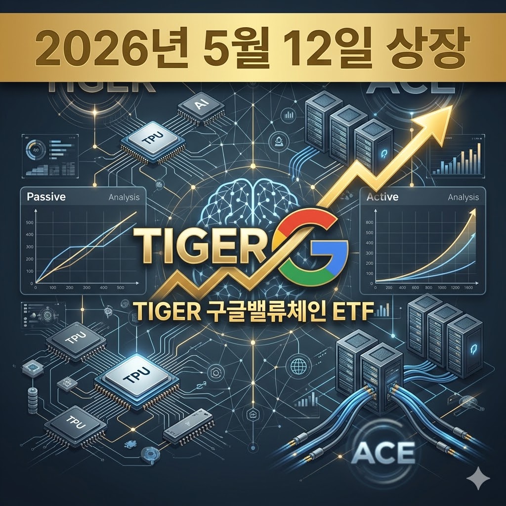 어두운 메탈릭 블루 배경에 금색으로 &ldquo;2026년 5월 12일 상장&rdquo;이라는 큰 배너가 상단에 강하게 배치되어 있고, 중앙에 TIGER 로고와 구글 G 로고가 크게 연결된 형태로 표현.

배경에는 TPU 칩, 광통신 케이블, 데이터센터 서버가 네트워크 선으로 연결된 추상 패턴이 흐르고, TIGER 구글밸류체인 ETF를 상징하는 밝은 금색 상승 그래프가 중앙에서부터 위로 뻗어나가는 동적인 모습.

하단에 ACE 로고는 작고 흐릿하게 배경에 배치하여 &ldquo;TIGER vs ACE&rdquo; 비교 느낌을 은은하게 줌.