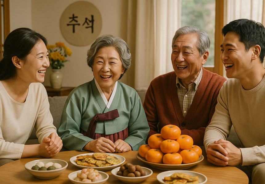 추석 가족 모임 중 휴대폰 확인하며 결합 할인과 무료 통화 점검하는 장면